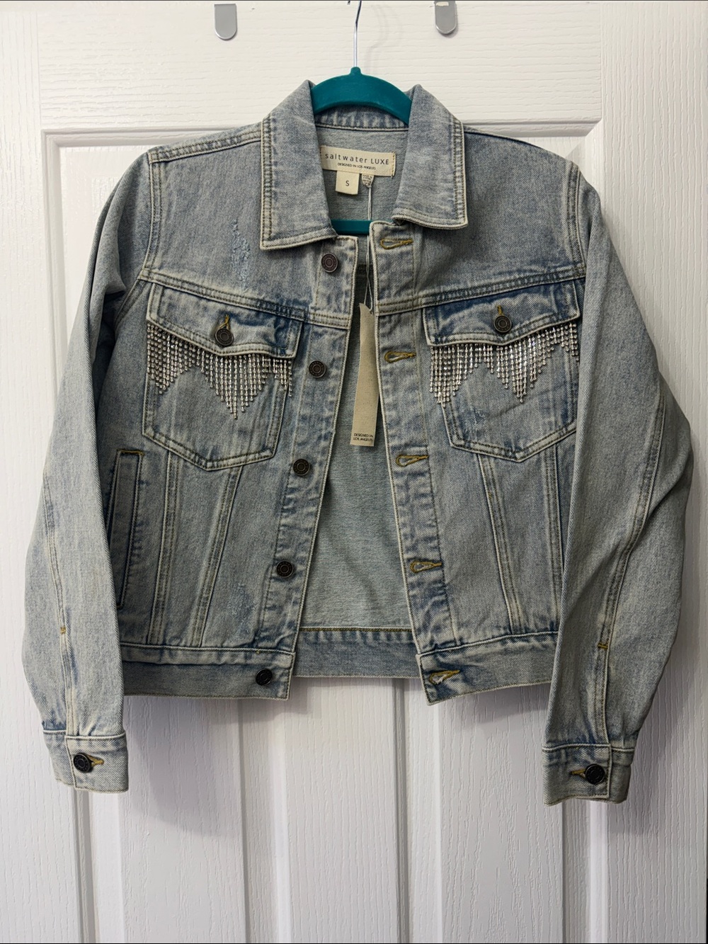 saltwater LUXE Light Blue Denim Jacket with Rhinestone Fringe